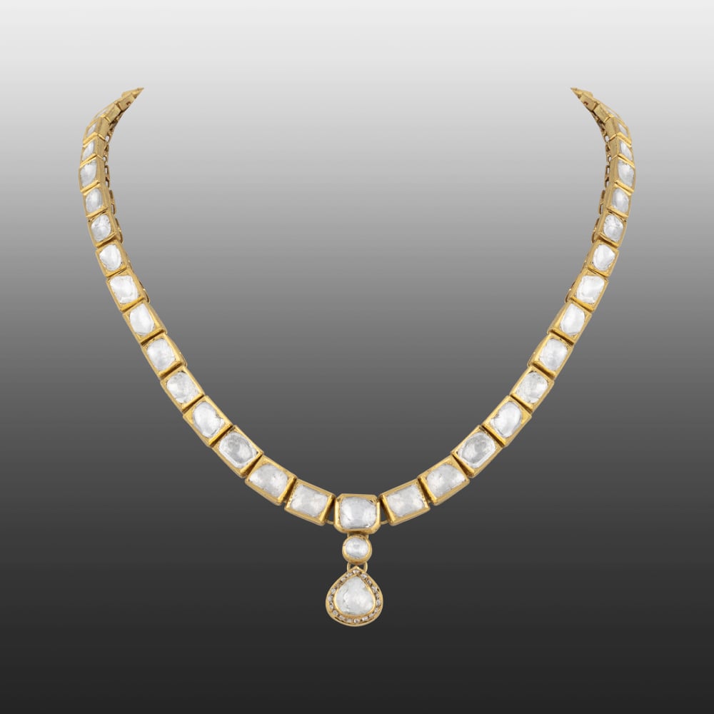 Square Polki Linear Necklace with Drop Pendant